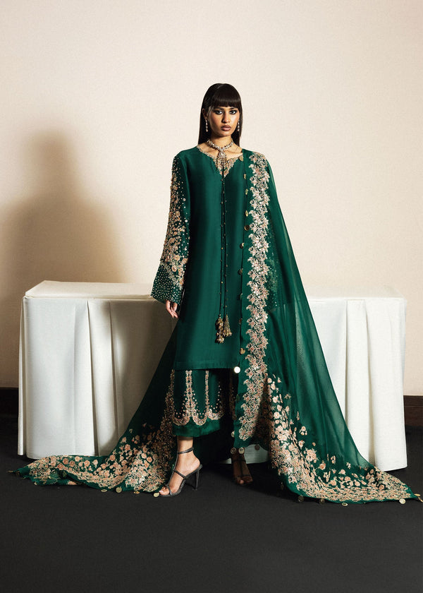 hussain rehar green dress Hussain Rehar Embroidered Raw Silk Emerald Green Dress D-831 Morni
